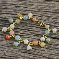Gold plated jade and quartz link bracelet, 'Sweet Jade' - 18K Gold Plated Jade Quartz Link Bracelet with Hook Clasp