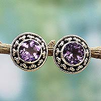 Amethyst button earrings, 'Indian Elegance in Purple' - Hand Made Faceted Amethyst Button Earrings from India