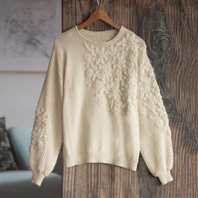 100% baby alpaca sweater, 'Elegant Blossoms' - Hand Embroidered Ivory Baby Alpaca Pullover Sweater