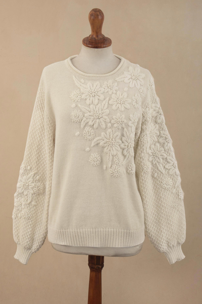 100% baby alpaca sweater, 'Elegant Blossoms' - Hand Embroidered Ivory Baby Alpaca Pullover Sweater