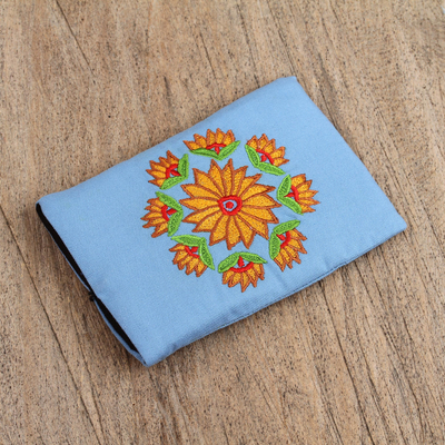 Cotton cell phone case, 'Flower Sky' - Handcrafted Cotton Floral Cell Phone Case in Sky Blue