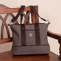 Leather accent cotton shoulder bag, 'Downtown Day in Brown' - Brown Cotton Padded Handbag with Detachable Shoulder Strap