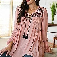 Embroidered viscose tunic, 'Peach Season' - Embroidered Peach Viscose Tunic with Tassels