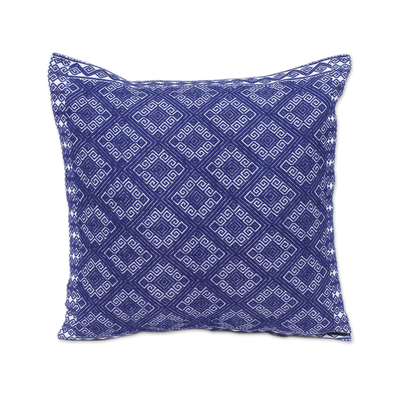 Cotton cushion cover, 'Sky Lattice' - Handwoven Navy and White Brocade Cotton Cushion Cover