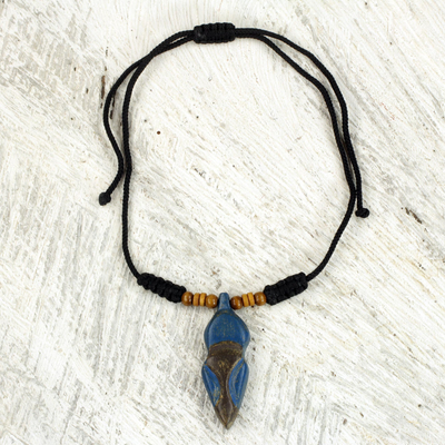 Wood pendant necklace, 'Akwatia Diamond' - Adjustable Sese Wood Necklace in Blue and Black from Ghana