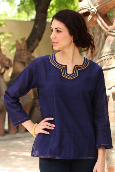 Cotton tunic, 'Ocean Light' - Hand Embroidered Handwoven Blue Cotton Tunic