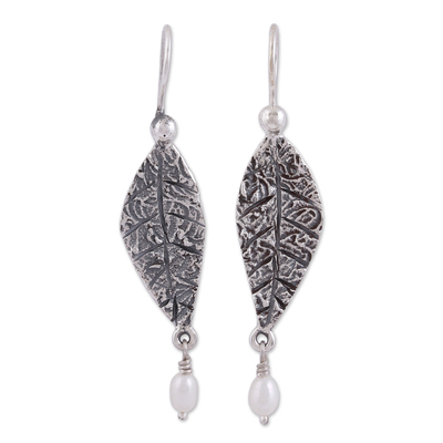 Cultured pearl dangle earrings, 'Unfurled' - Cultured Pearl and Sterling Silver Leaf Dangle Earrings