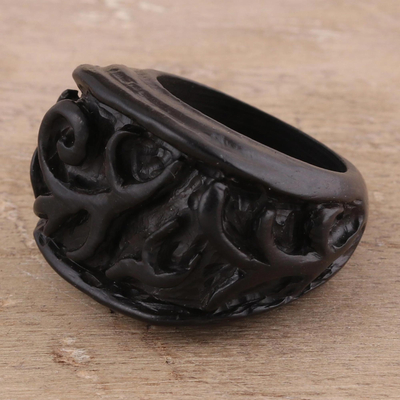 Ebony wood band ring, 'Vine Delight' - Vine Pattern Ebony Wood Band Ring Crafted in India
