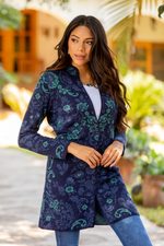 Baby alpaca long cardigan, 'Blue Dream Garden' - Blue Floral Jacquard Knit Alpaca Cardigan