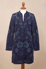 Baby alpaca long cardigan, 'Blue Dream Garden' - Blue Floral Jacquard Knit Alpaca Cardigan