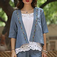 Cotton jacket, 'Spring Delight' - Blue Cotton Floral Embroidered Open Kimono Jacket