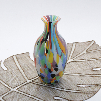 Handblown art glass vase, 'Curvy Carnival Confetti' - Unique Murano Inspired Glass Vase Handblown in Brazil