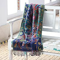 Jacquard wool shawl, 'Garden Patchwork' - Floral Motif Jacquard Wool Shawl