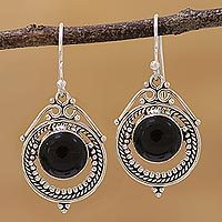 Onyx dangle earrings, 'Elegant Globes' - Onyx and Sterling Silver Dangle Earrings from India