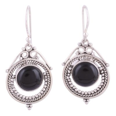 Onyx dangle earrings, 'Elegant Globes' - Onyx and Sterling Silver Dangle Earrings from India