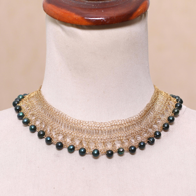 Gold plated cultured pearl beaded necklace, 'Dark Constellation' - Gold Plated Green Cultured Pearl Beaded Necklace from Bali