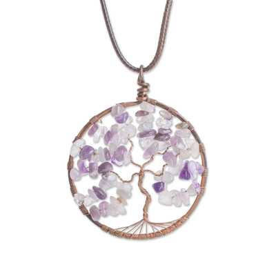 Amethyst pendant necklace, 'Virgo Tree of Life' - Amethyst Gemstone Tree Pendant Necklace from Costa Rica