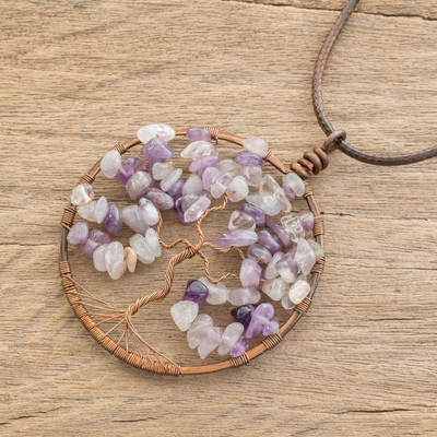 Amethyst pendant necklace, 'Virgo Tree of Life' - Amethyst Gemstone Tree Pendant Necklace from Costa Rica