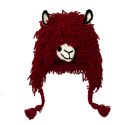 Wool blend hat, 'Smiling Llama' - Furry Red Llama Beanie Hat from Peru