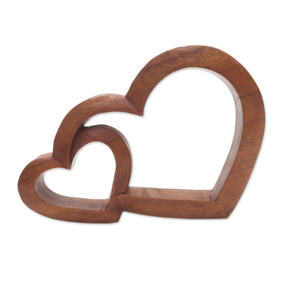 Wood sculpture, 'Warm Hearts' - Wood Hand Made Indonesian Brown Connecting Hearts Sculpture
