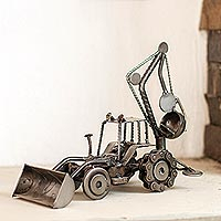 Auto part sculpture, 'Rustic Bulldozer Digger' - Unique Recycled Metal and Car Parts Sculpture Mexico