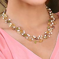 Cultured pearl and citrine beaded necklace, 'Spring Awakening' - Beaded Multigem Pearl Necklace