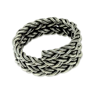 Men's sterling silver band ring, 'Spiral Path' - Men's Wide Braided Silver Ring
