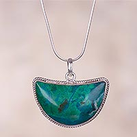 Chrysocolla pendant necklace, 'Blue-Green Crescent Moon' - Crescent Chrysocolla Long Pendant Necklace from Peru