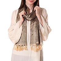 Banarasi silk shawl, 'Golden Olive Dusk' - Banarasi silk shawl