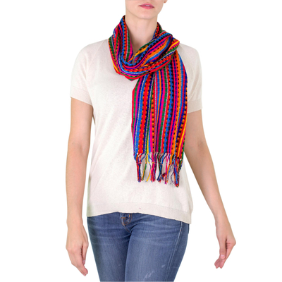 Cotton scarf, 'Valley of Flowers' - Guatemalan Hand Woven Cotton Scarf in Primary Colors