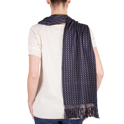 Cotton scarf, 'Labyrinth' - Hand Woven Coal Black Fringed Scarf from Guatemala