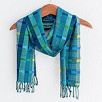 Cotton scarf, 'Fresh Lagoon' - Hand Loomed Blue and Green Cotton Scarf