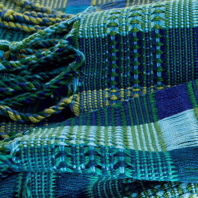 Cotton scarf, 'Fresh Lagoon' - Hand Loomed Blue and Green Cotton Scarf