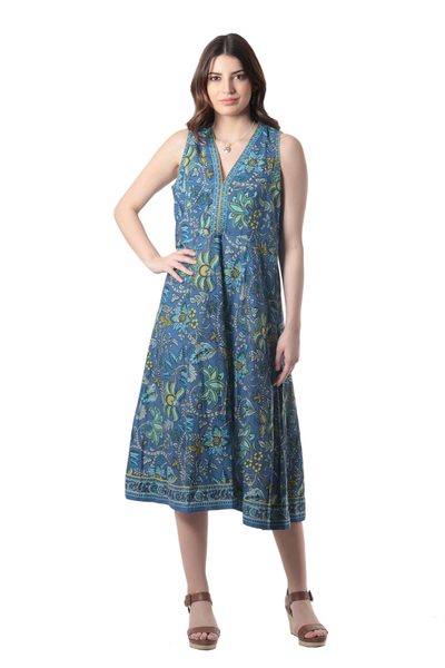 Cotton Floral-Motif Sleeveless A-Line Dress