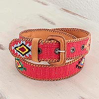 Leather and cotton belt, 'Diamond Stars in Red' - Hand Woven Red Cotton and Leather Belt