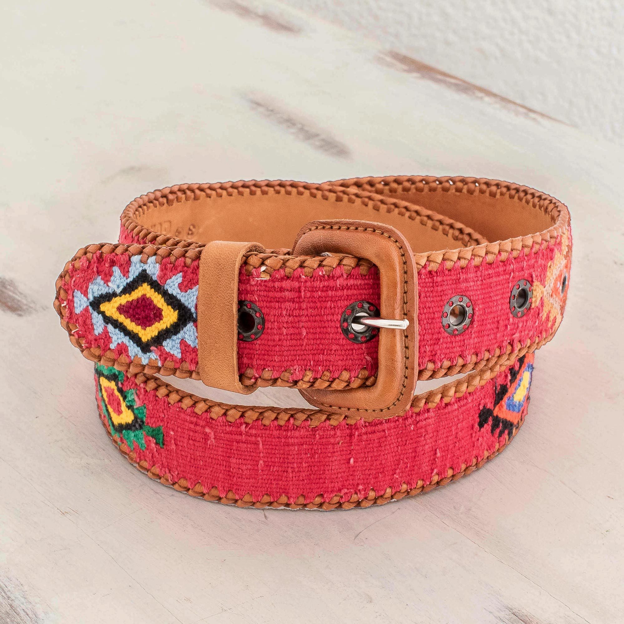 Hand Woven Red Cotton and Leather Belt - Diamond Stars in  display picture 1