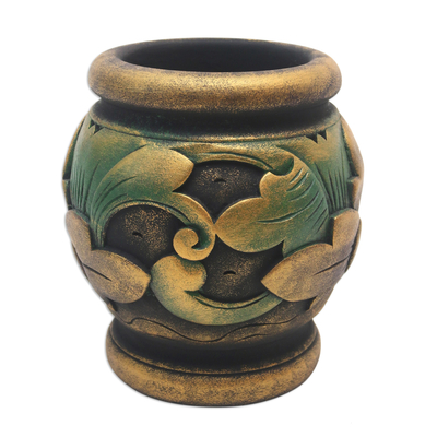 Mahogany vase, 'Sukawati Vintage' - Gilded Hand Carved Mahogany Vase from Bali