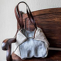 Natural cotton and leather boho bag, 'Any Day, Any Time, Anywhere' - Undyed Recycled Denim and Cotton Shoulder Bag from Guatemala