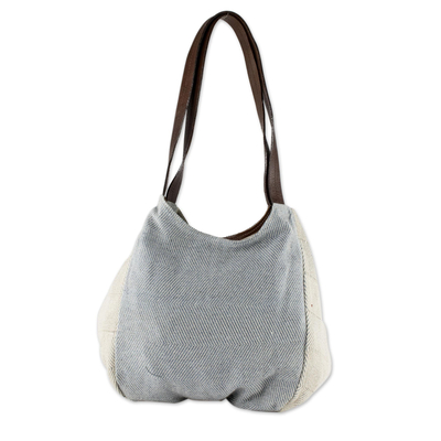 Natural cotton and leather boho bag, 'Any Day, Any Time, Anywhere' - Undyed Recycled Denim and Cotton Shoulder Bag from Guatemala