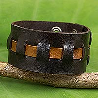 Men's leather band bracelet, 'New Pathways' - Artisan Crafted Leather Band Bracelet in Brown and Tan
