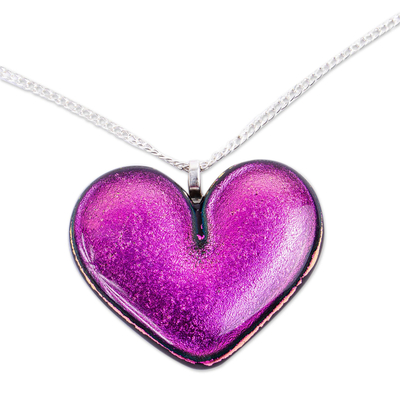 Dichroic glass pendant necklace, 'Heart of Fuchsia' - Handmade Fuchsia Glass Heart Necklace
