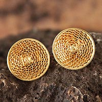 Gold plated filigree stud earrings, 'Starlit Sun' - Handcrafted Gold Plated Button Earrings