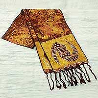 Cotton batik scarf, 'Golden Gye Nyame' - Signed Ghanaian Batik Adinkra Scarf in Brown and Gold