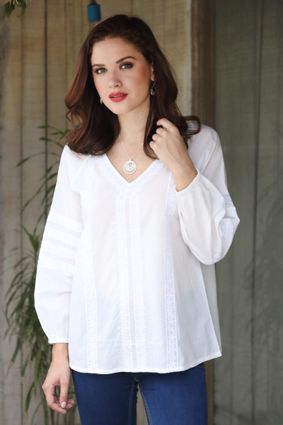 Cotton tunic, 'White Harmony' - Viscose Embroidered Cotton Tunic from India
