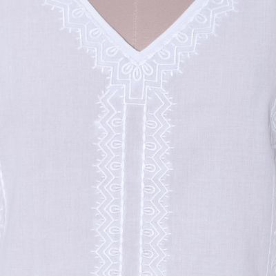 Cotton tunic, 'White Harmony' - Viscose Embroidered Cotton Tunic from India