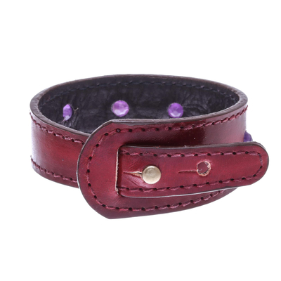 Amethyst and leather wristband bracelet, 'Mystical Meteor' - Amethyst and Red Leather Wristband Bracelet from Thailand