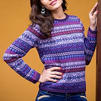 100% alpaca sweater, 'Purple Poppy' - Knit 100% Alpaca Snowflake Pattern Pullover Sweater