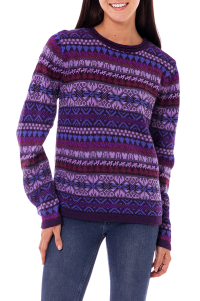 100% alpaca sweater, 'Purple Poppy' - Knit 100% Alpaca Snowflake Pattern Pullover Sweater