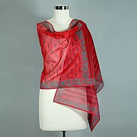 Cotton and silk shawl, 'Blossoming Fire' - Artisan Crafted Women's Shawl Cotton Silk Wrap