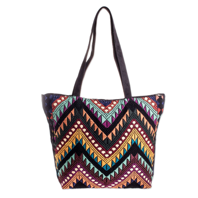 Cotton shoulder bag, 'Guatemalan Peaks' - Handwoven Multicolor & Black Cotton Shoulder Bag Tote